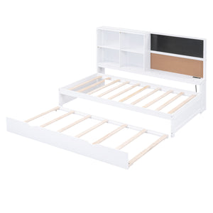 English Elm Twin Daybed with Trundle Shelves, Blackboard, Corkboard, USB Ports — Space-Saving White Pine Bedroom Hub GX000341AAK-1
