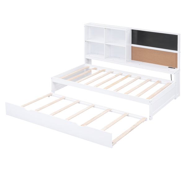 English Elm Twin Daybed with Trundle Shelves, Blackboard, Corkboard, USB Ports — Space-Saving White Pine Bedroom Hub GX000341AAK-1