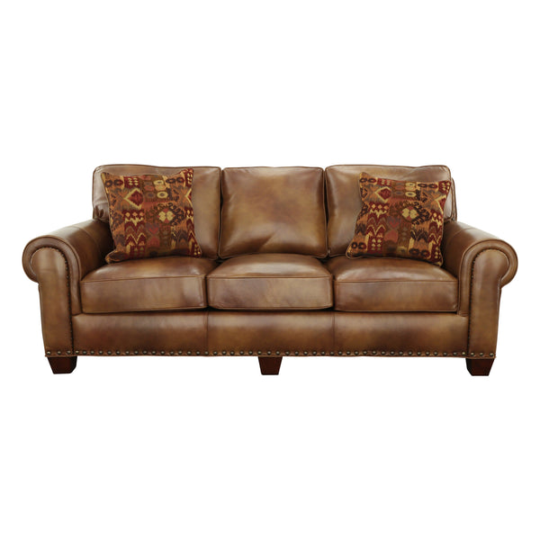 English Elm Steve Silver - Rustic Leather Sofa Tan — Top-Grain Upholstery, Eight-Way Hand-Tied Springs, Nailhead Trim, Cozy Pillows B081109574