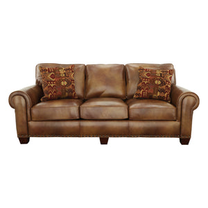 English Elm Steve Silver - Rustic Styled Leather Sofa - Premium Construction, Top-Grain Leather - Eight-Way Hand-Tied Springs, Nail-Head Trim, Contrasting Pillows