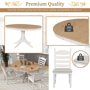 English Elm Trexm Rubberwood Round Extendable Pedestal Dining Set with Ladder Back Upholstered Chairs Off White ST000091AAD