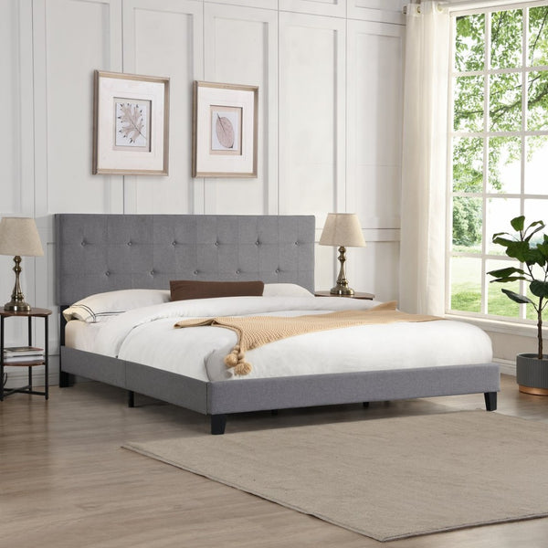 English Elm King Tufted Linen Platform Bed Frame with Slat Support for Modern Bedrooms W311107470