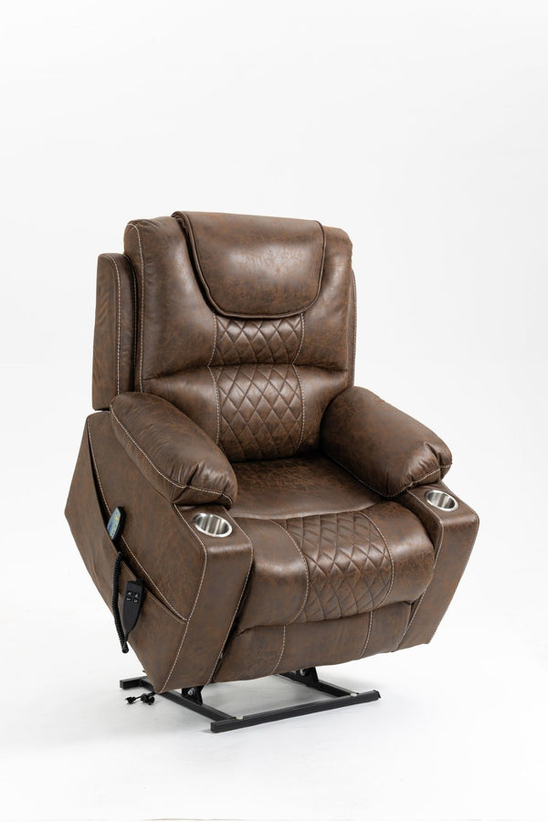 English Elm Lounge Power Lift Recliner Velvet Chair with Massage Heat and 180 Degree Flat Sleep Brown W547S00037