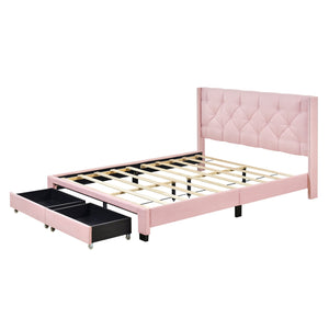 English Elm Queen Upholstered Platform Bed with Tufted Headboard, 2 Under-Bed Drawers, Sturdy Wood Frame, Pink WF303649AAH