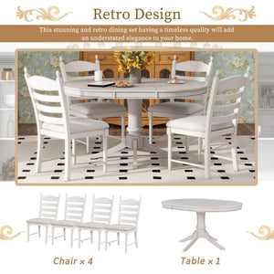 English Elm Trexm Rubberwood Round Extendable Pedestal Dining Set with Ladder Back Upholstered Chairs Antique White ST000091AAK
