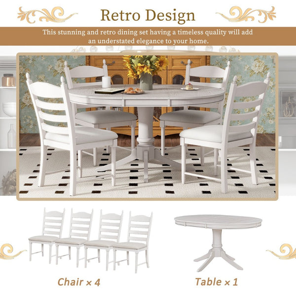 English Elm Trexm Rubberwood Round Extendable Pedestal Dining Set with Ladder Back Upholstered Chairs Antique White ST000091AAK