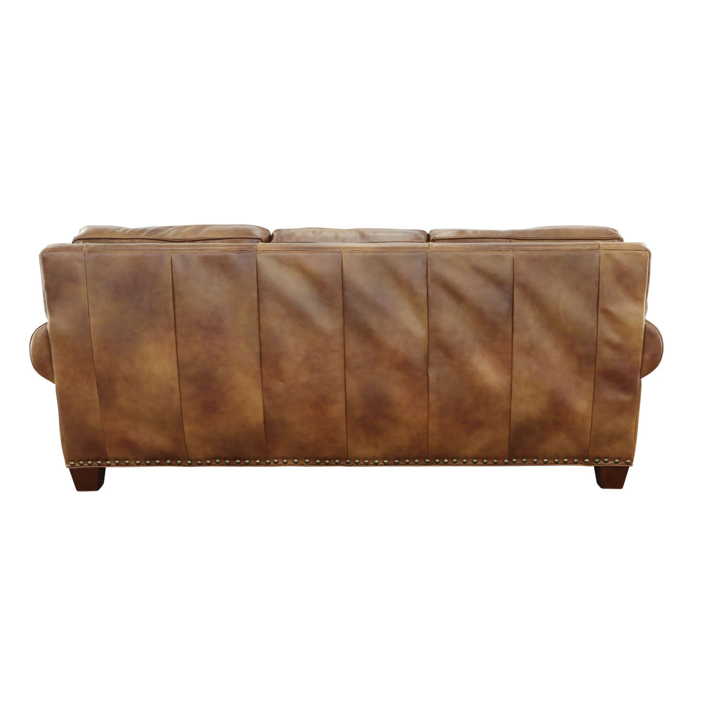 English Elm Steve Silver - Rustic Leather Sofa Tan — Top-Grain Upholstery, Eight-Way Hand-Tied Springs, Nailhead Trim, Cozy Pillows B081109574