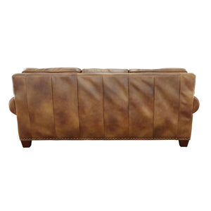English Elm Steve Silver - Rustic Leather Sofa Tan — Top-Grain Upholstery, Eight-Way Hand-Tied Springs, Nailhead Trim, Cozy Pillows B081109574
