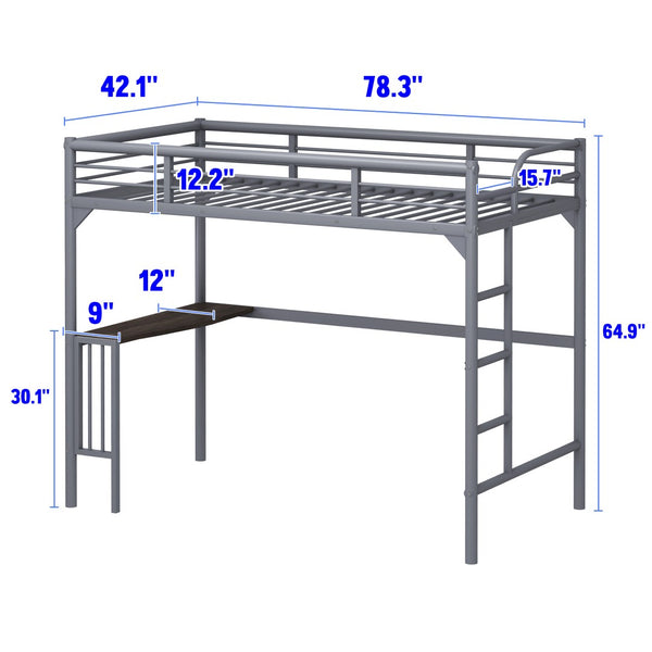 English Elm Twin Steel Loft Bed with Built-in Study Desk Ladder Guardrails Space-saving Silver Frame W1676105930