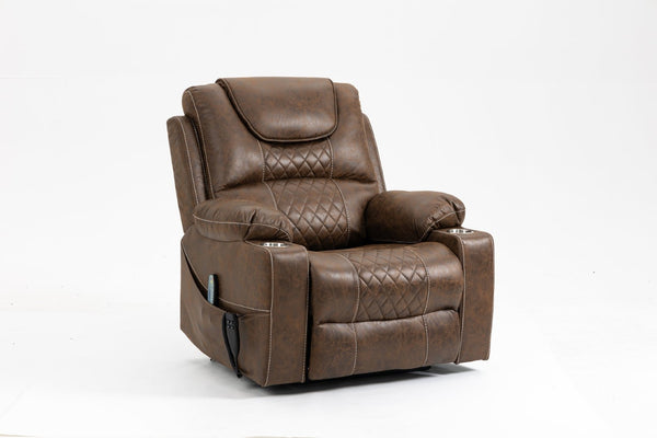 English Elm Lounge Power Lift Recliner Velvet Chair with Massage Heat and 180 Degree Flat Sleep Brown W547S00037