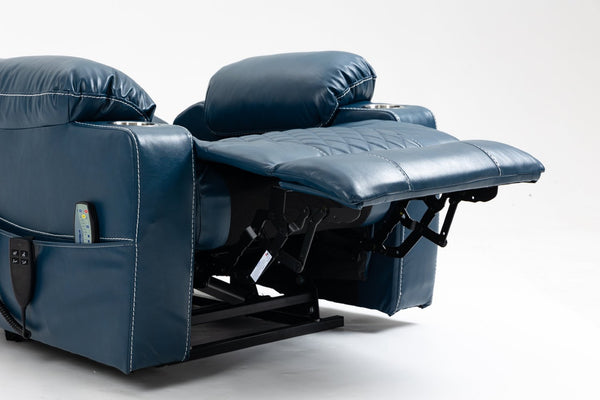 English Elm Lounge Power Lift Recliner Velvet Chair with Massage Heat and 180 Degree Flat Sleep Blue W547S00036