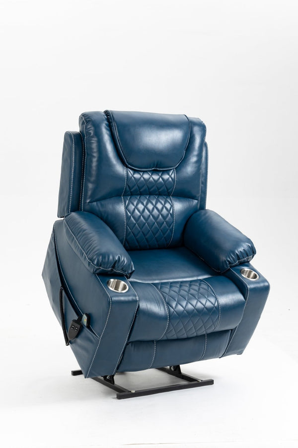 English Elm Lounge Power Lift Recliner Velvet Chair with Massage Heat and 180 Degree Flat Sleep Blue W547S00036