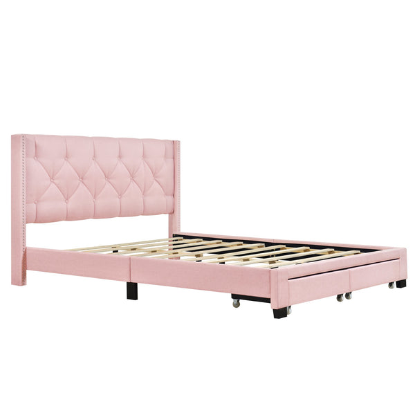 English Elm Queen Upholstered Platform Bed with Tufted Headboard, 2 Under-Bed Drawers, Sturdy Wood Frame, Pink WF303649AAH