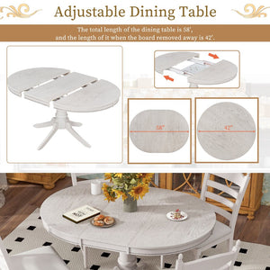 English Elm Trexm Rubberwood Round Extendable Pedestal Dining Set with Ladder Back Upholstered Chairs Antique White ST000091AAK
