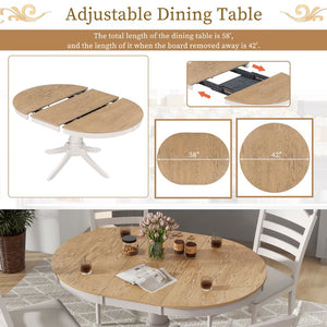 English Elm Trexm Rubberwood Round Extendable Pedestal Dining Set with Ladder Back Upholstered Chairs Off White ST000091AAD