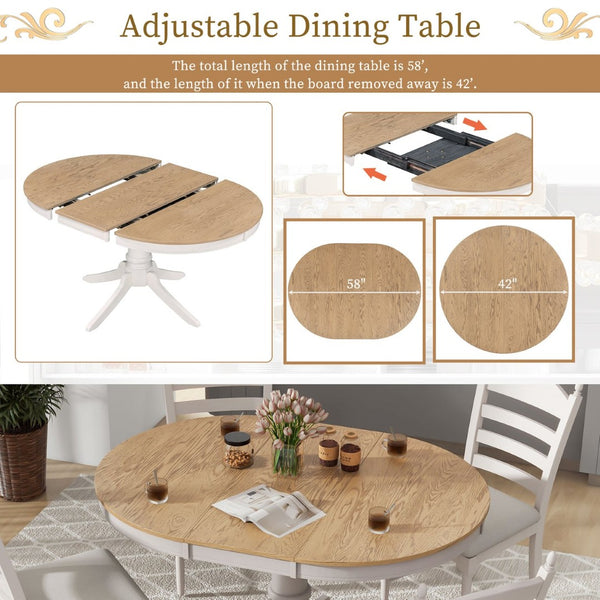 English Elm Trexm Rubberwood Round Extendable Pedestal Dining Set with Ladder Back Upholstered Chairs Off White ST000091AAD