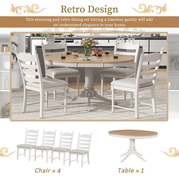 English Elm Trexm Rubberwood Round Extendable Pedestal Dining Set with Ladder Back Upholstered Chairs Off White ST000091AAD