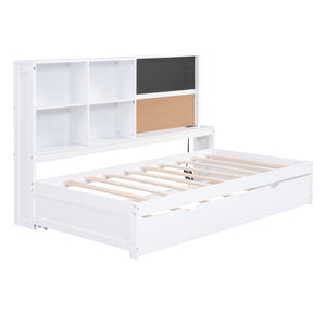 English Elm Twin Daybed with Trundle Shelves, Blackboard, Corkboard, USB Ports — Space-Saving White Pine Bedroom Hub GX000341AAK-1