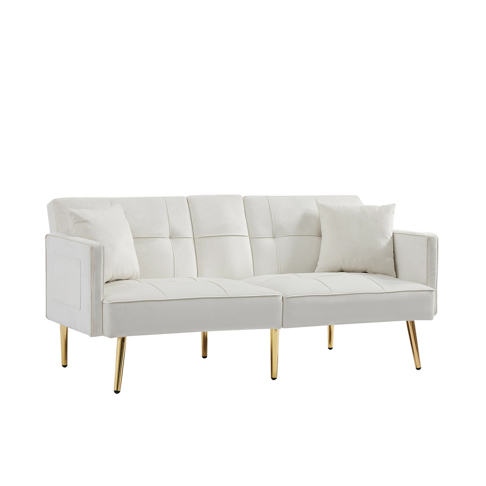 English Elm Cream Velvet Futon Sofa Bed with Gold Legs, Foldable Convertible Sleeper w/ Cup Holders & Pockets W58849088