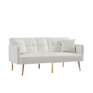 English Elm Cream Velvet Futon Sofa Bed with Gold Legs, Foldable Convertible Sleeper w/ Cup Holders & Pockets W58849088