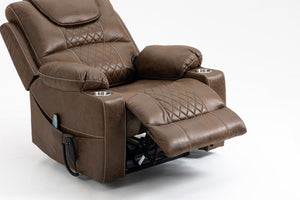 English Elm Lounge Power Lift Recliner Velvet Chair with Massage Heat and 180 Degree Flat Sleep Brown W547S00037