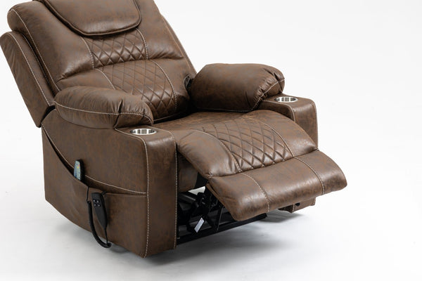 English Elm Lounge Power Lift Recliner Velvet Chair with Massage Heat and 180 Degree Flat Sleep Brown W547S00037
