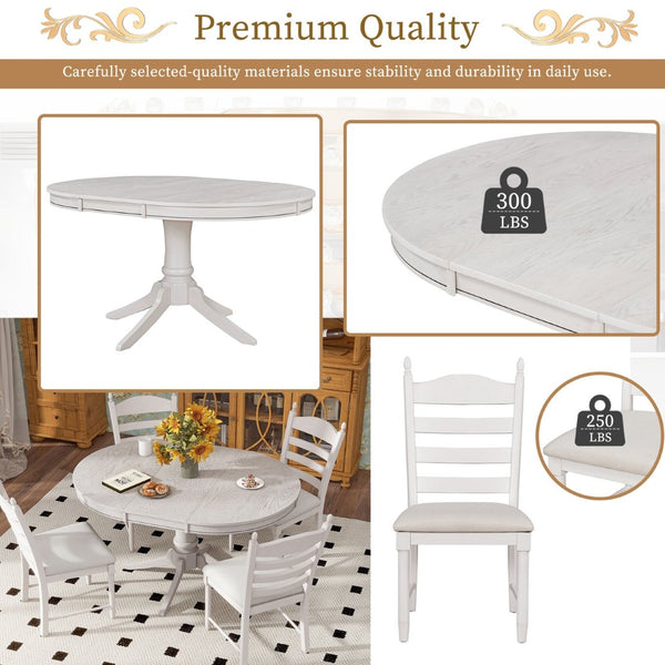 English Elm Trexm Rubberwood Round Extendable Pedestal Dining Set with Ladder Back Upholstered Chairs Antique White ST000091AAK