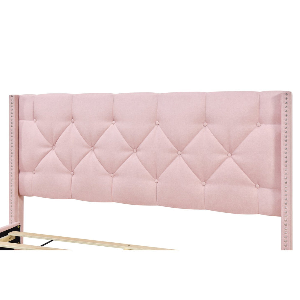 English Elm Queen Upholstered Platform Bed with Tufted Headboard, 2 Under-Bed Drawers, Sturdy Wood Frame, Pink WF303649AAH