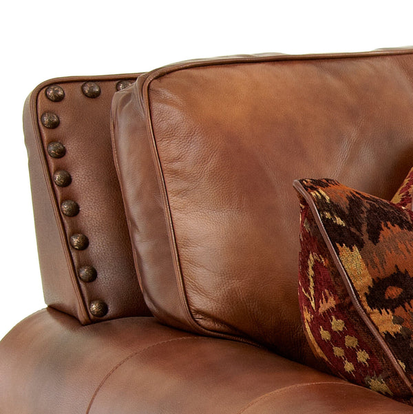 English Elm Steve Silver - Rustic Leather Sofa Tan — Top-Grain Upholstery, Eight-Way Hand-Tied Springs, Nailhead Trim, Cozy Pillows B081109574