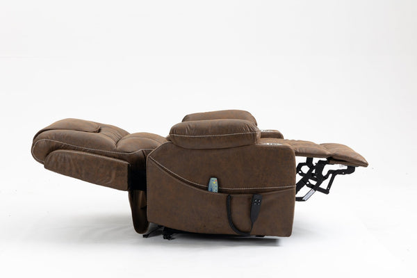 English Elm Lounge Power Lift Recliner Velvet Chair with Massage Heat and 180 Degree Flat Sleep Brown W547S00037
