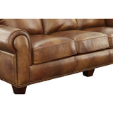 English Elm Steve Silver - Rustic Styled Leather Sofa - Premium Construction, Top-Grain Leather - Eight-Way Hand-Tied Springs, Nail-Head Trim, Contrasting Pillows