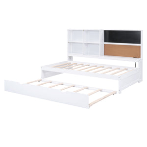 English Elm Twin Daybed with Trundle Shelves, Blackboard, Corkboard, USB Ports — Space-Saving White Pine Bedroom Hub GX000341AAK-1