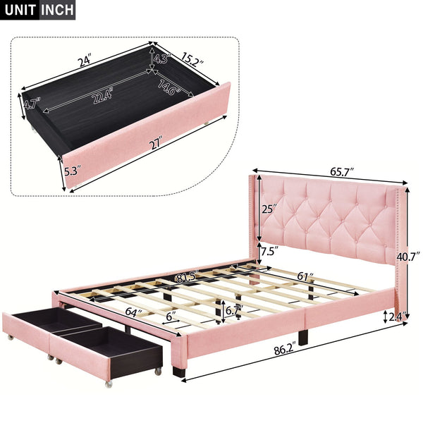 English Elm Queen Upholstered Platform Bed with Tufted Headboard, 2 Under-Bed Drawers, Sturdy Wood Frame, Pink WF303649AAH