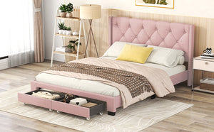 English Elm Queen Upholstered Platform Bed with Tufted Headboard, 2 Under-Bed Drawers, Sturdy Wood Frame, Pink WF303649AAH
