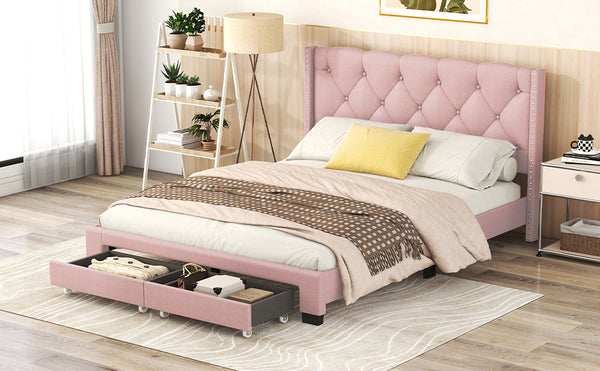 English Elm Queen Upholstered Platform Bed with Tufted Headboard, 2 Under-Bed Drawers, Sturdy Wood Frame, Pink WF303649AAH
