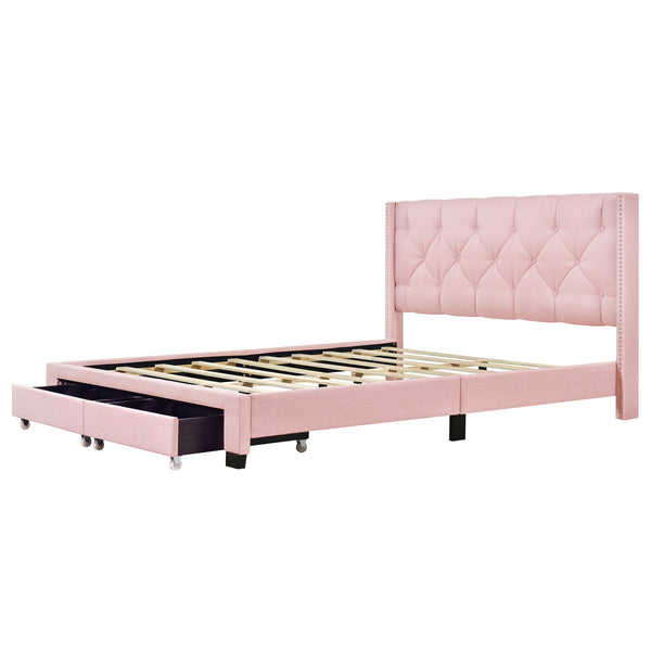 English Elm Queen Upholstered Platform Bed with Tufted Headboard, 2 Under-Bed Drawers, Sturdy Wood Frame, Pink WF303649AAH