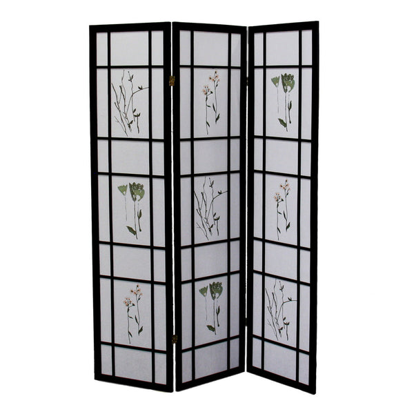 English Elm 70" Tall Shoji Room Divider - Elegant 3-Panel Screen In Black With Floral Design For Stylish Spaces B072115964