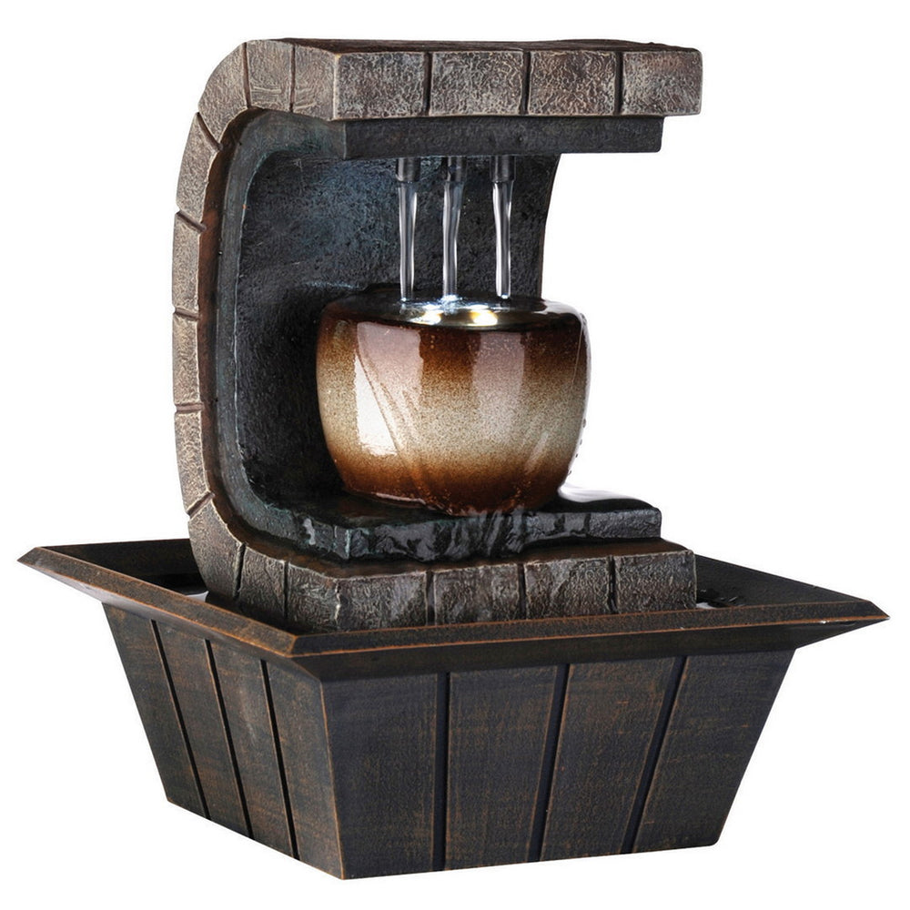 English Elm 9.75" Indoor Meditation Fountain Brown Polyresin with Color-Changing LED, Cascading 3-Pillar Flow B072116410