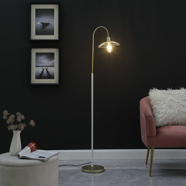 English Elm 64.25" Industrial Farm Floor Lamp Satin Matte Gold Cage White Pole LED Compatible Edison-Ready Accent Light B072116608