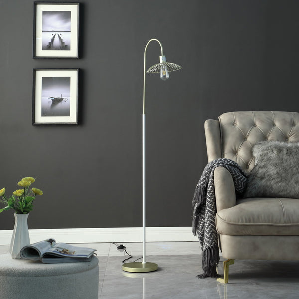 English Elm 64.25" Industrial Farm Floor Lamp Satin Matte Gold Cage White Pole LED Compatible Edison-Ready Accent Light B072116608