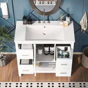 English Elm 36" White Oak Bathroom Vanity with Resin Sink Usb Charging and Three Drawers SV000009AAW