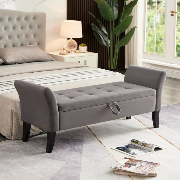 English Elm 51.5" Plush Velvet Bed Bench with Hidden Storage Chest, Upholstered Entryway Ottoman Seat Grey W1097104005