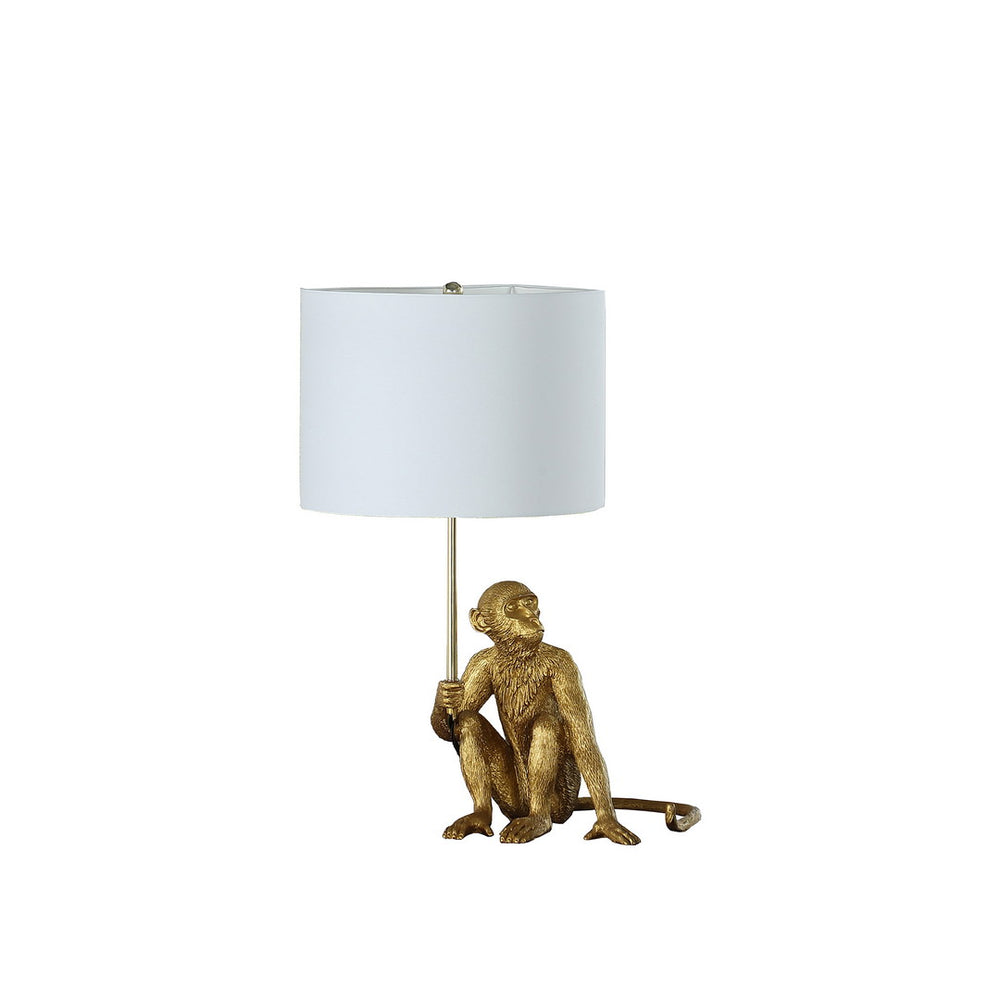 English Elm 25.50" Golden Monkey Polyresin Table Lamp with White Drum Shade, Gold Finish, UL Listed Decorative Accent B072116627