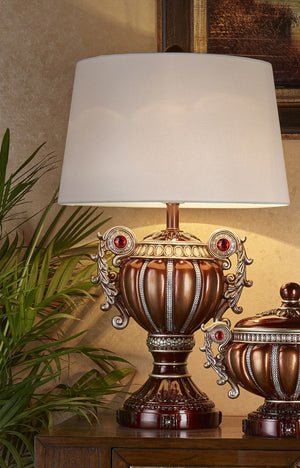 English Elm 29.5" Polyresin Table Lamp with Chestnut Geometric Weave Finish, Oval White Fabric Shade, UL Listed Multicolor B072116213