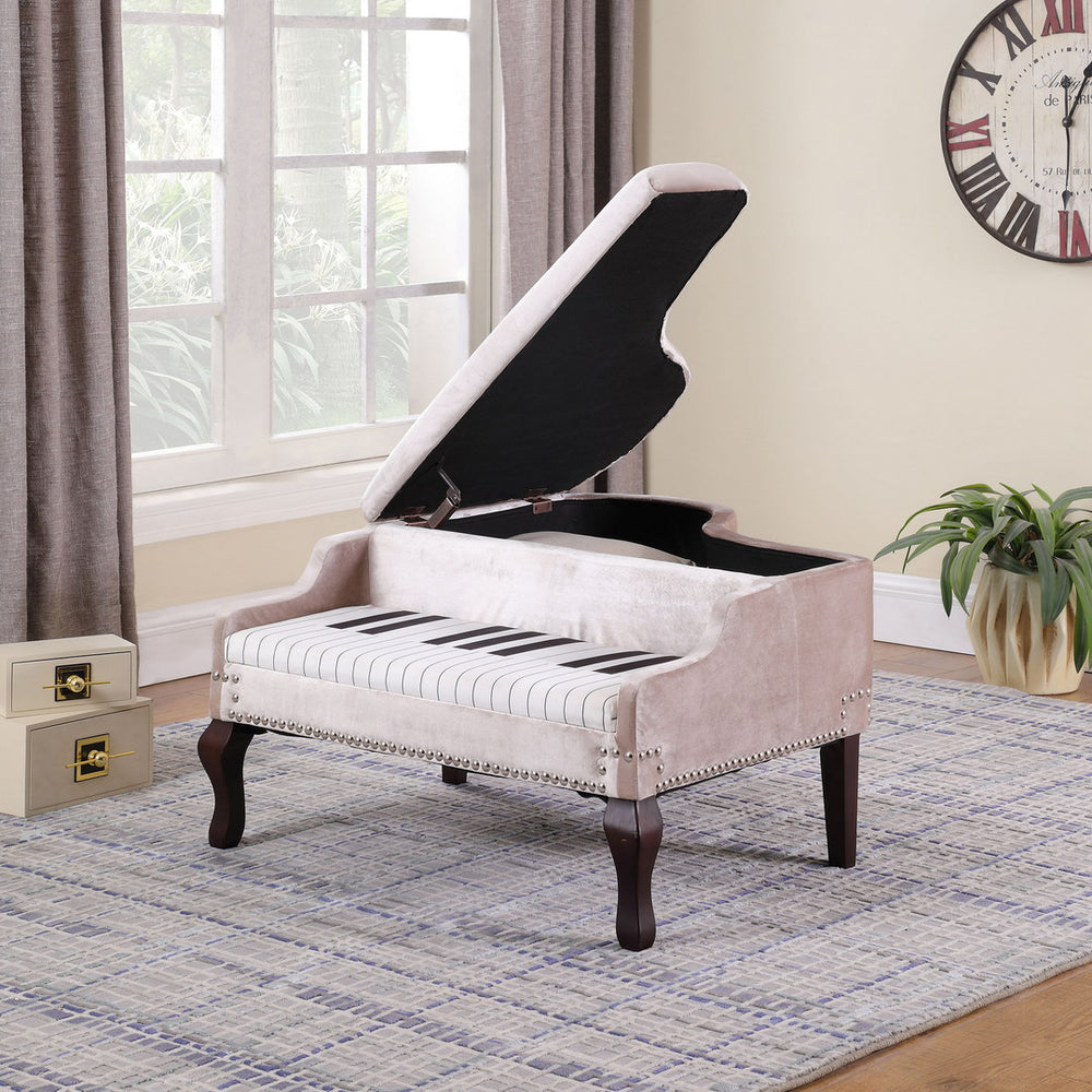 English Elm 21-Inch-Long Beige Velvet Piano Storage Ottoman with Silver Nailhead Trim, Cherry Legs & Cushion Top B072116529