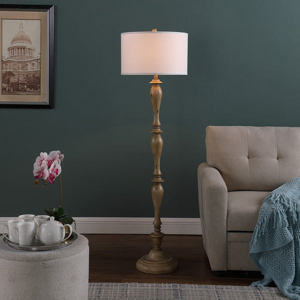 English Elm 61.5" Coastal Wood Effect Polyresin Floor Lamp with Drum Shade, Antique Finish, 3-Way Rotary Switch Cream B072116628