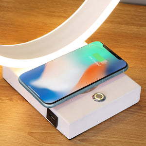 English Elm 13.5" C Shape LED Desk Lamp with Wireless Charger & USB, Touch Dimmer, White Metal Modern Design B072116334