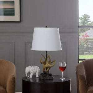 English Elm 26" Natural Royal Stag Deer Antler Lamp with Beige Polyresin Base & White Linen Shade, Rustic Chic B072116646