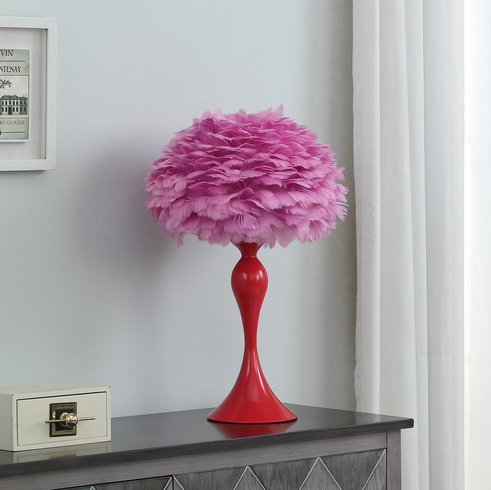 English Elm 18.25"In Vintage Glam Pink Feather Table Lamp With Glossy Red Metal Base For Chic Home Décor ✨ B072116661