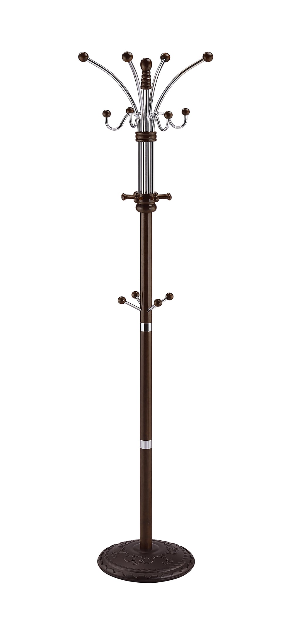 English Elm 73" Tall Chrome and Wood Coat Rack Espresso Finish — Stable 73" organizer with 22.25" base for coats, hats, scarves B072115913